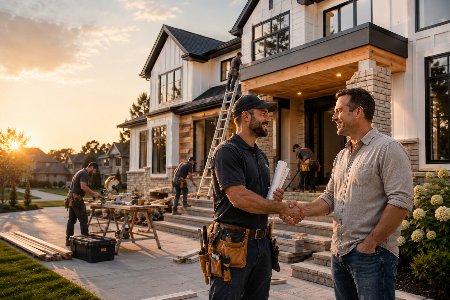 Renovation contractor shaking hands with a happy homeowner in front of a renovated home